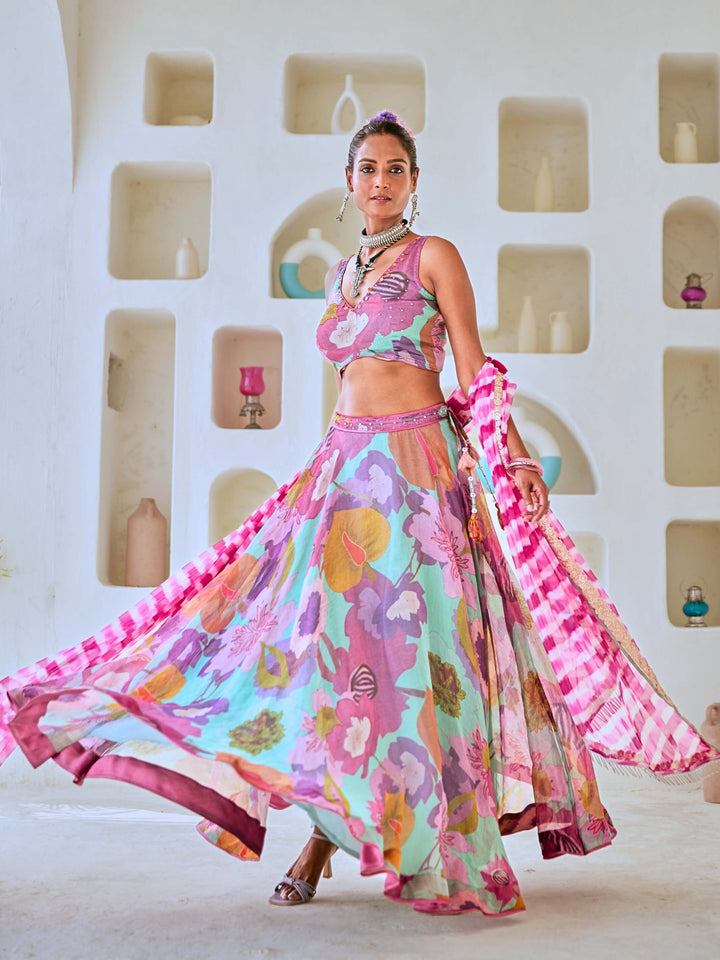 Aqua Blue Floral Embellished Lehenga Set with Leheriya Dupatta