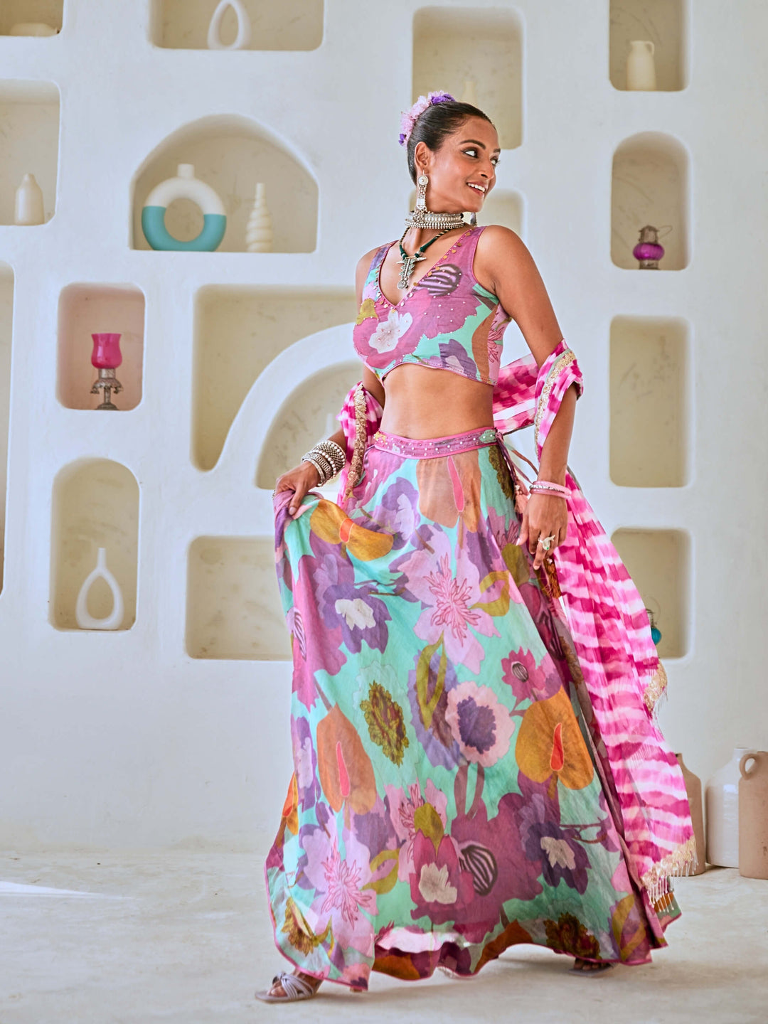 Aqua Blue Floral Embellished Lehenga Set with Leheriya Dupatta