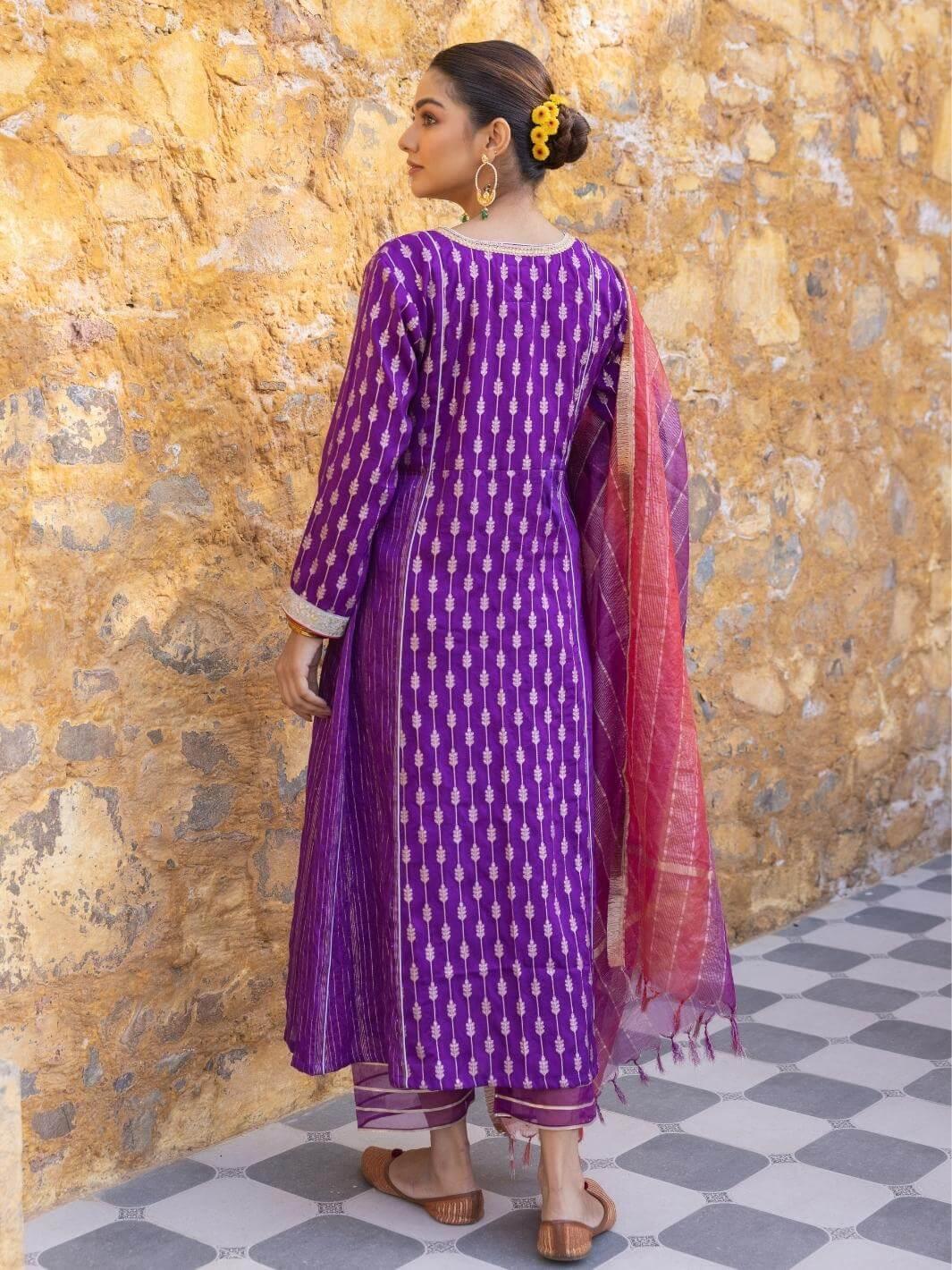 Purple Embroidered Zari A-Line Kurta Set with Organza Dupatta - Myaara