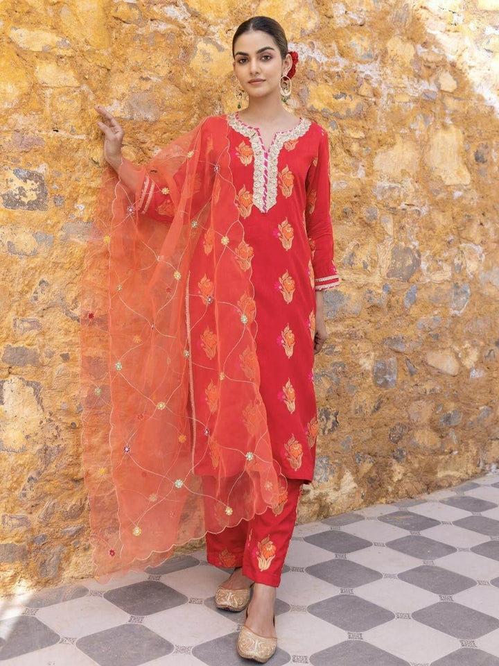 Red Ethnic Straight Kurta Set with Embroidered Dupatta - Myaara