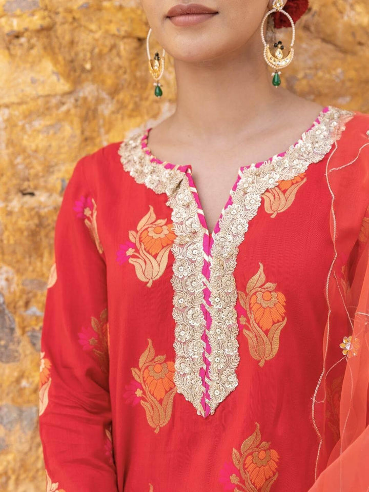 Red Ethnic Straight Kurta Set with Embroidered Dupatta - Myaara