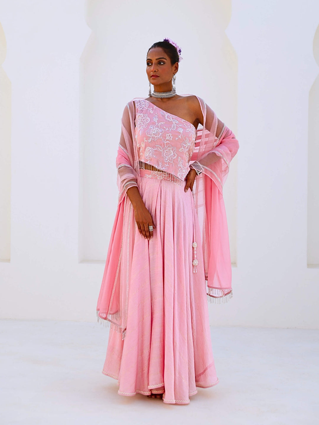 Soft Pink Embroidered Chanderi Lehenga Set with Organza Dupatta