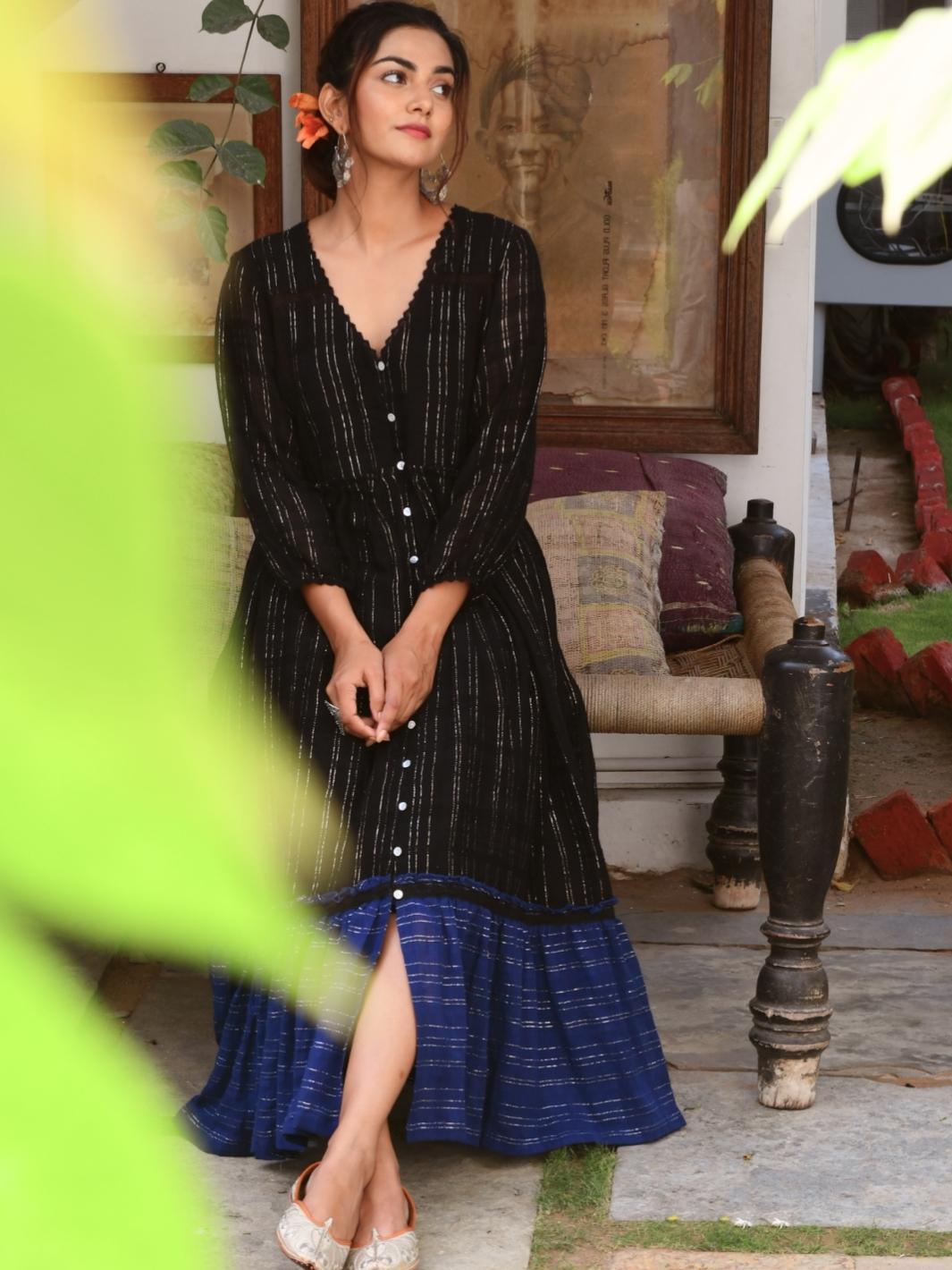 Black & Blue Cotton Lurex Ethnic Dress - Myaara