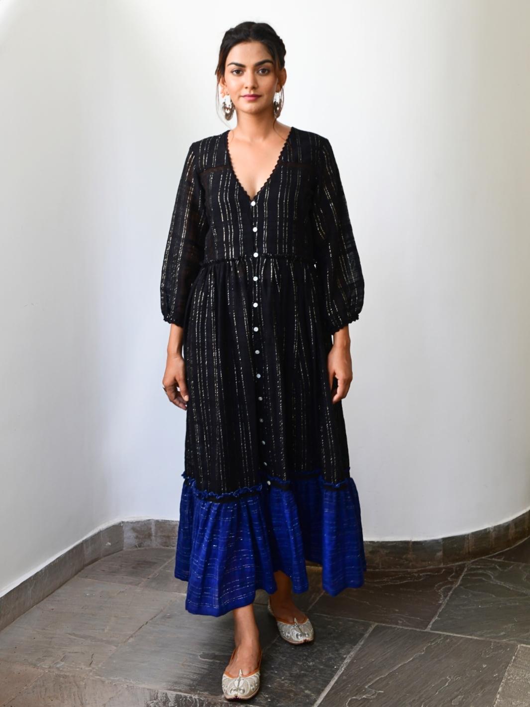 Black & Blue Cotton Lurex Ethnic Dress - Myaara