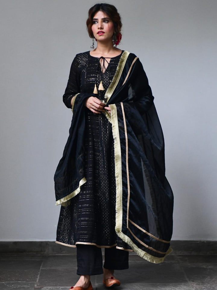 Black Cotton Lurex Anarkali Set with Organza Dupatta & Gota-work - Myaara