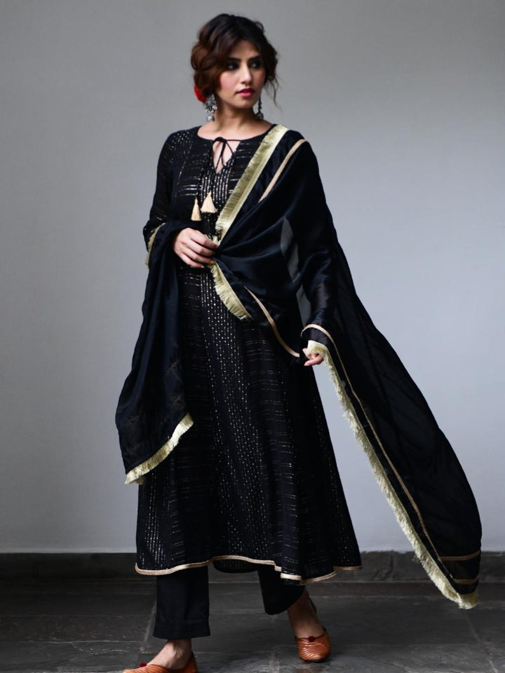 Black Cotton Lurex Anarkali Set with Organza Dupatta & Gota-work - Myaara