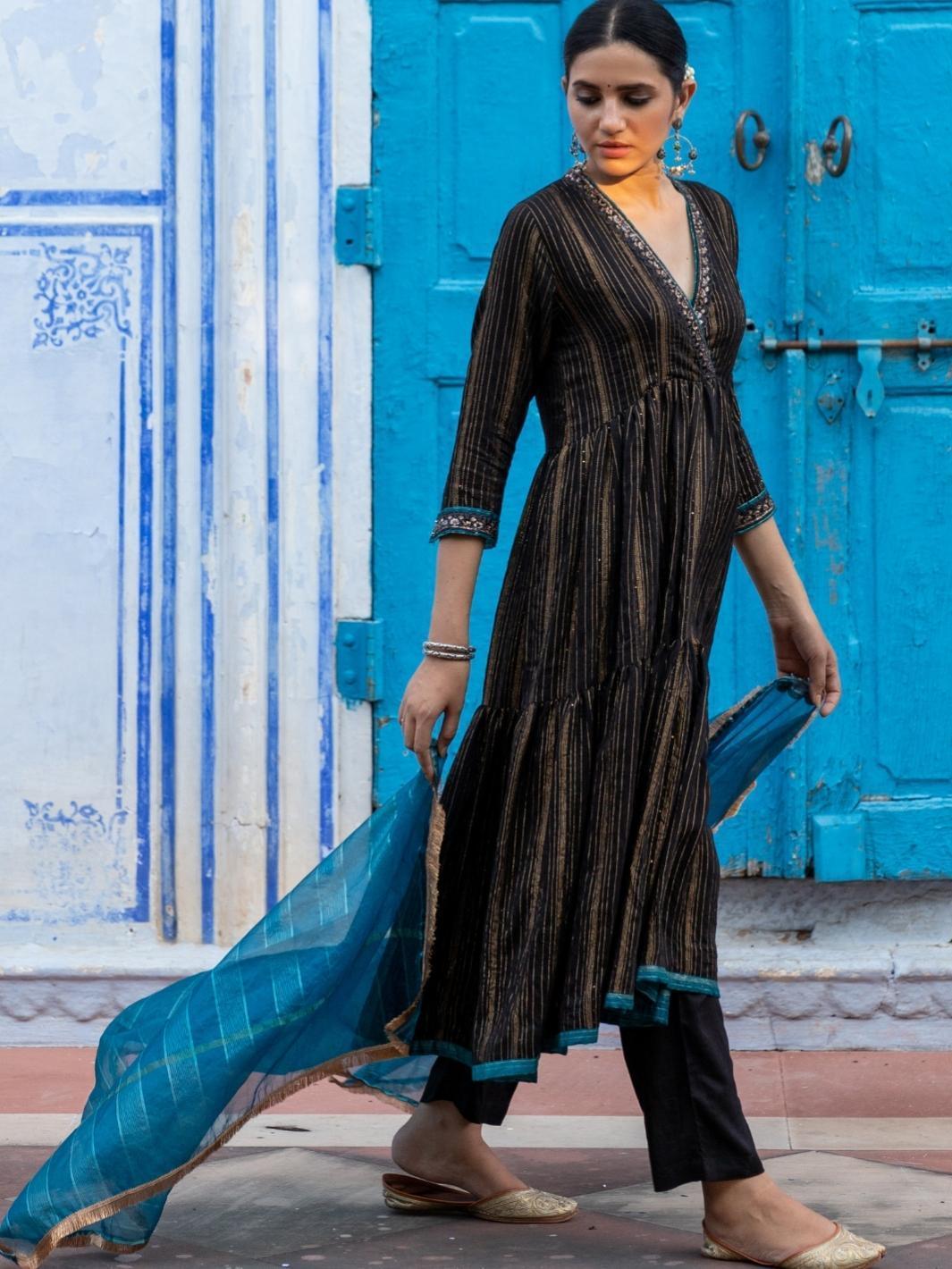 Black Embroidered Anarkali Set with Organza Dupatta - Myaara