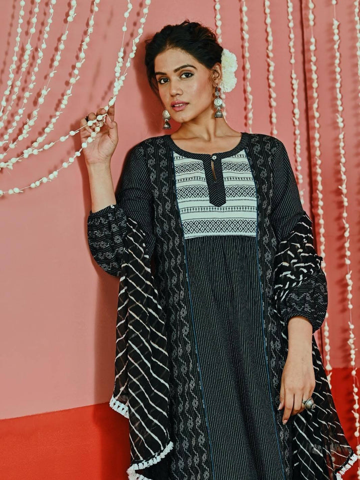 Black Kantha ACotton Kurta Set with Leheriya Chiffon Dupatta - Myaara