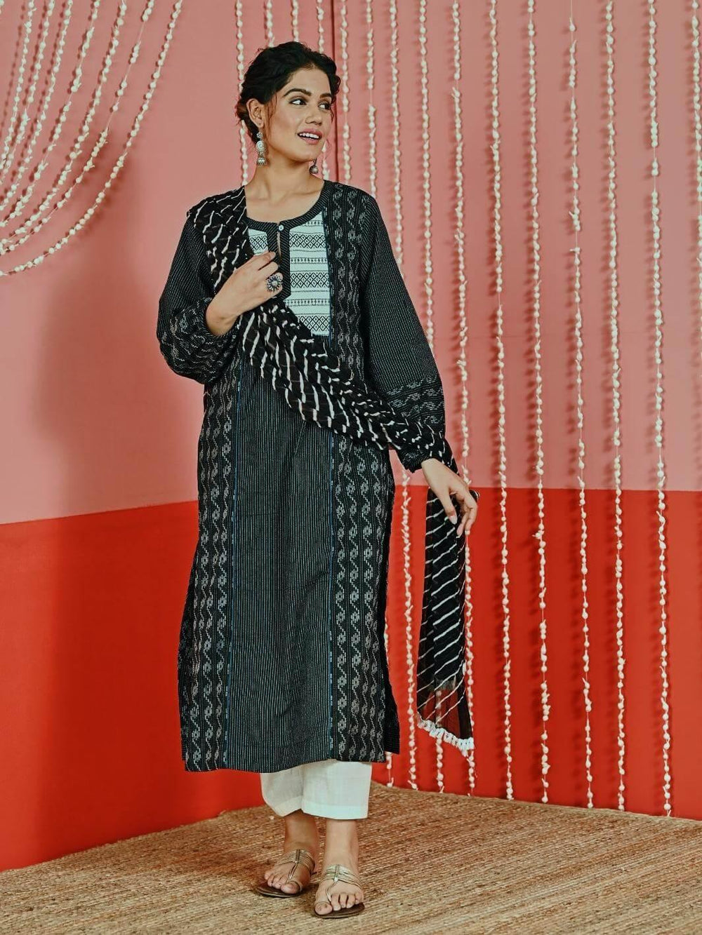 Black Kantha ACotton Kurta Set with Leheriya Chiffon Dupatta - Myaara