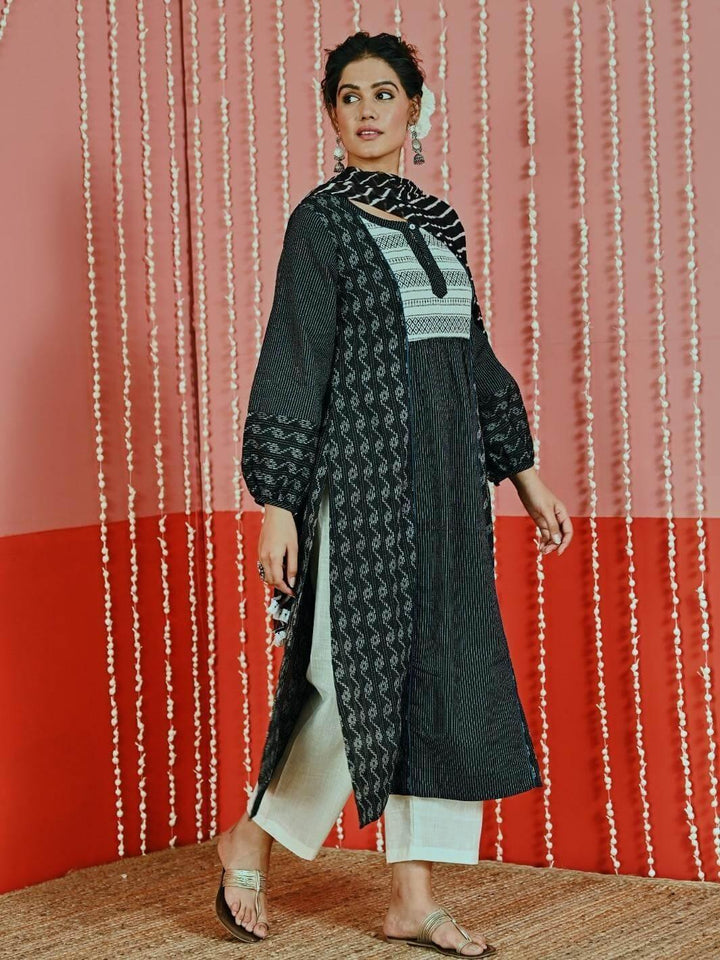 Black Kantha ACotton Kurta Set with Leheriya Chiffon Dupatta - Myaara