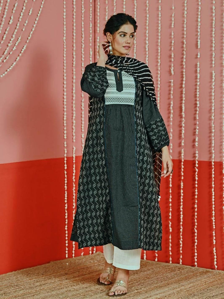 Black Kantha ACotton Kurta Set with Leheriya Chiffon Dupatta - Myaara