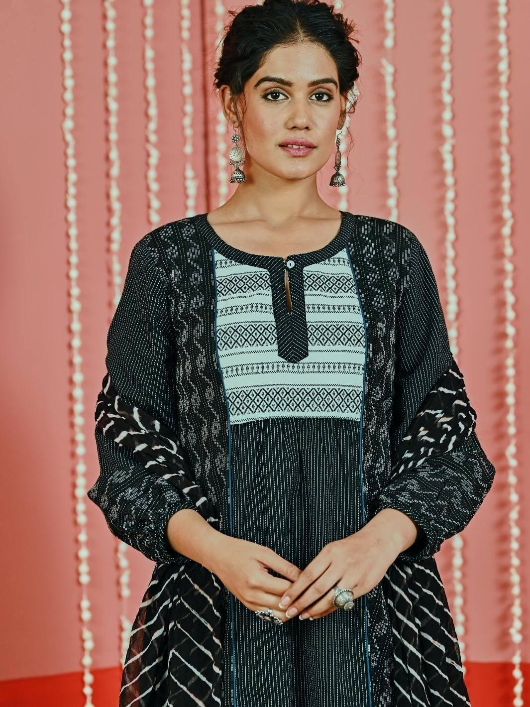 Black Kantha ACotton Kurta Set with Leheriya Chiffon Dupatta - Myaara