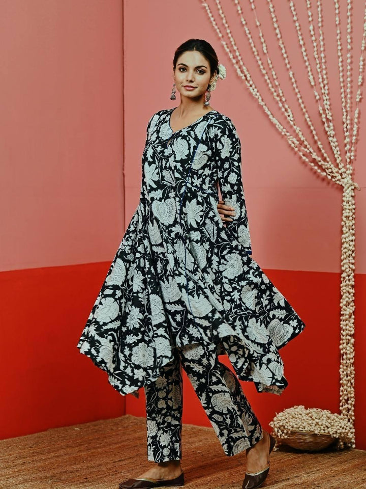 Black Printed Asymmetric Cotton Fusion Set - Myaara