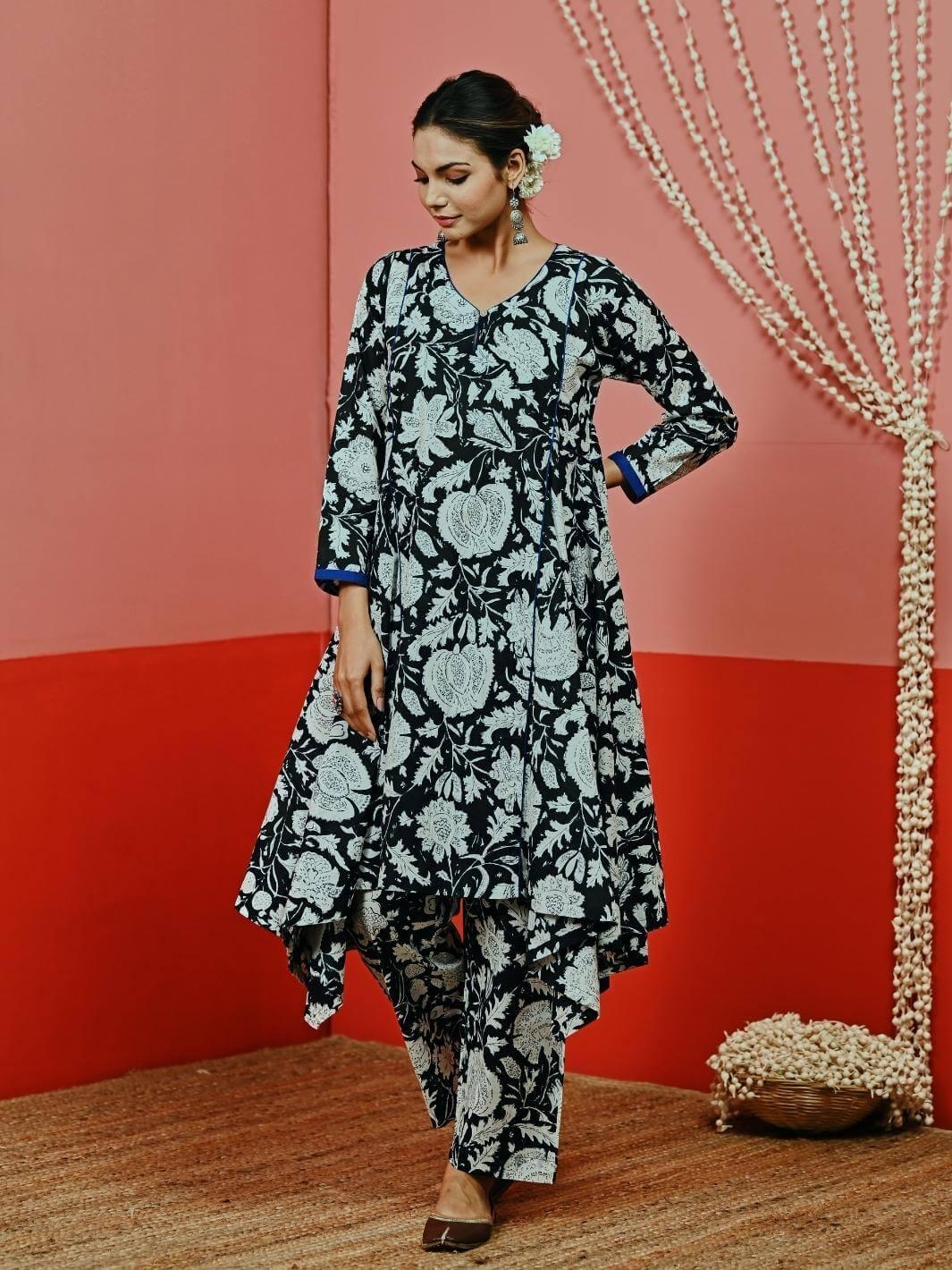 Black Printed Asymmetric Cotton Fusion Set - Myaara