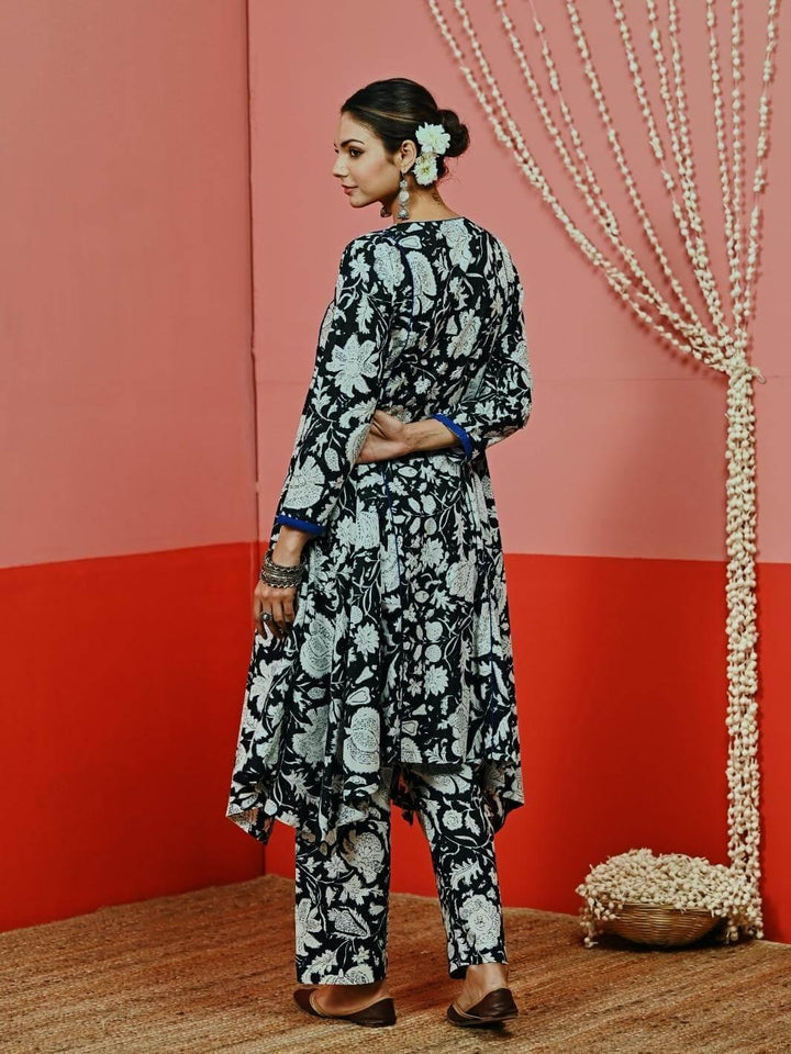 Black Printed Asymmetric Cotton Fusion Set - Myaara