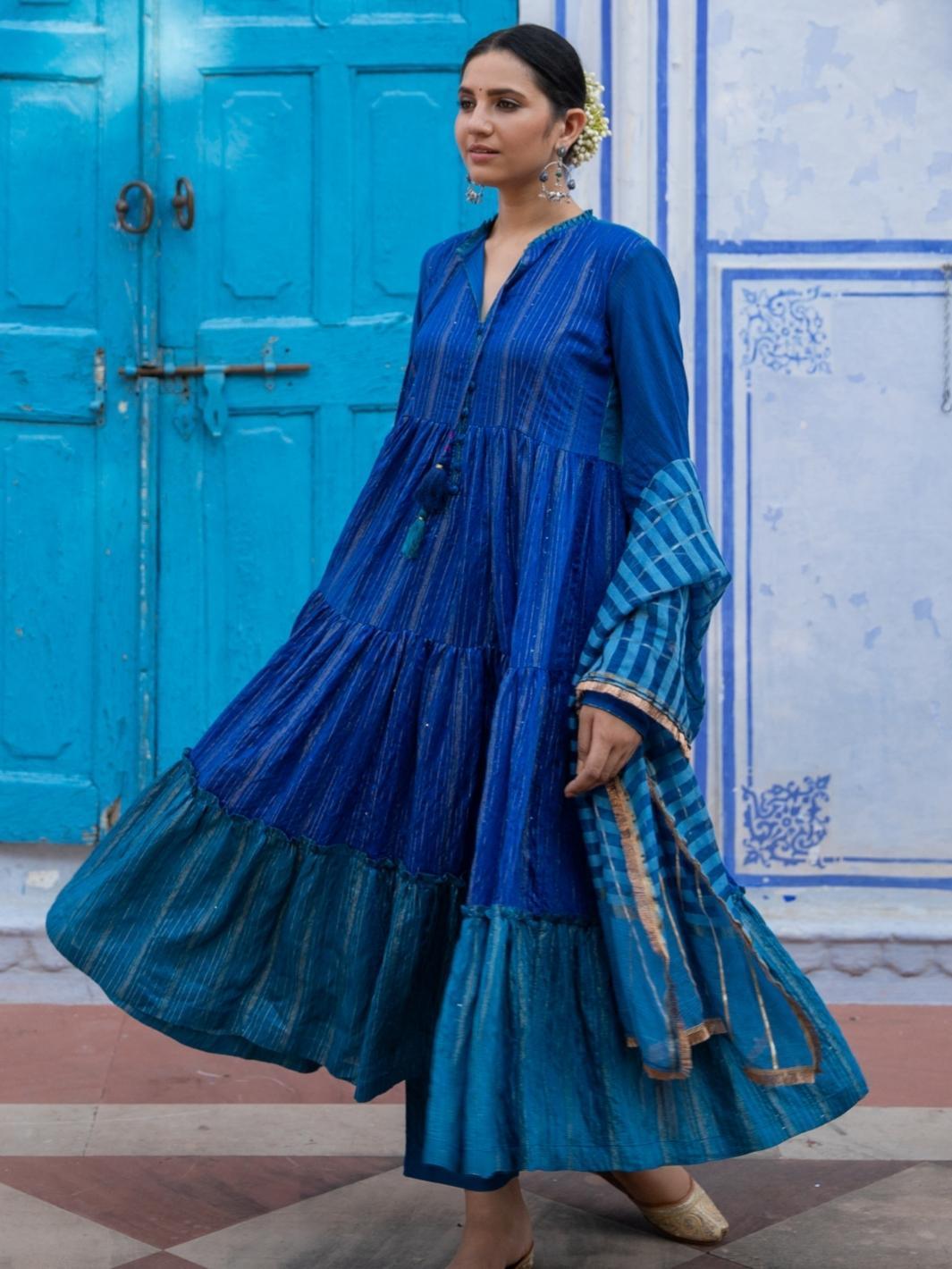 Blue Chanderi Blend Ethnic Anarkali Set with Cotton Organza Dupatta - Myaara