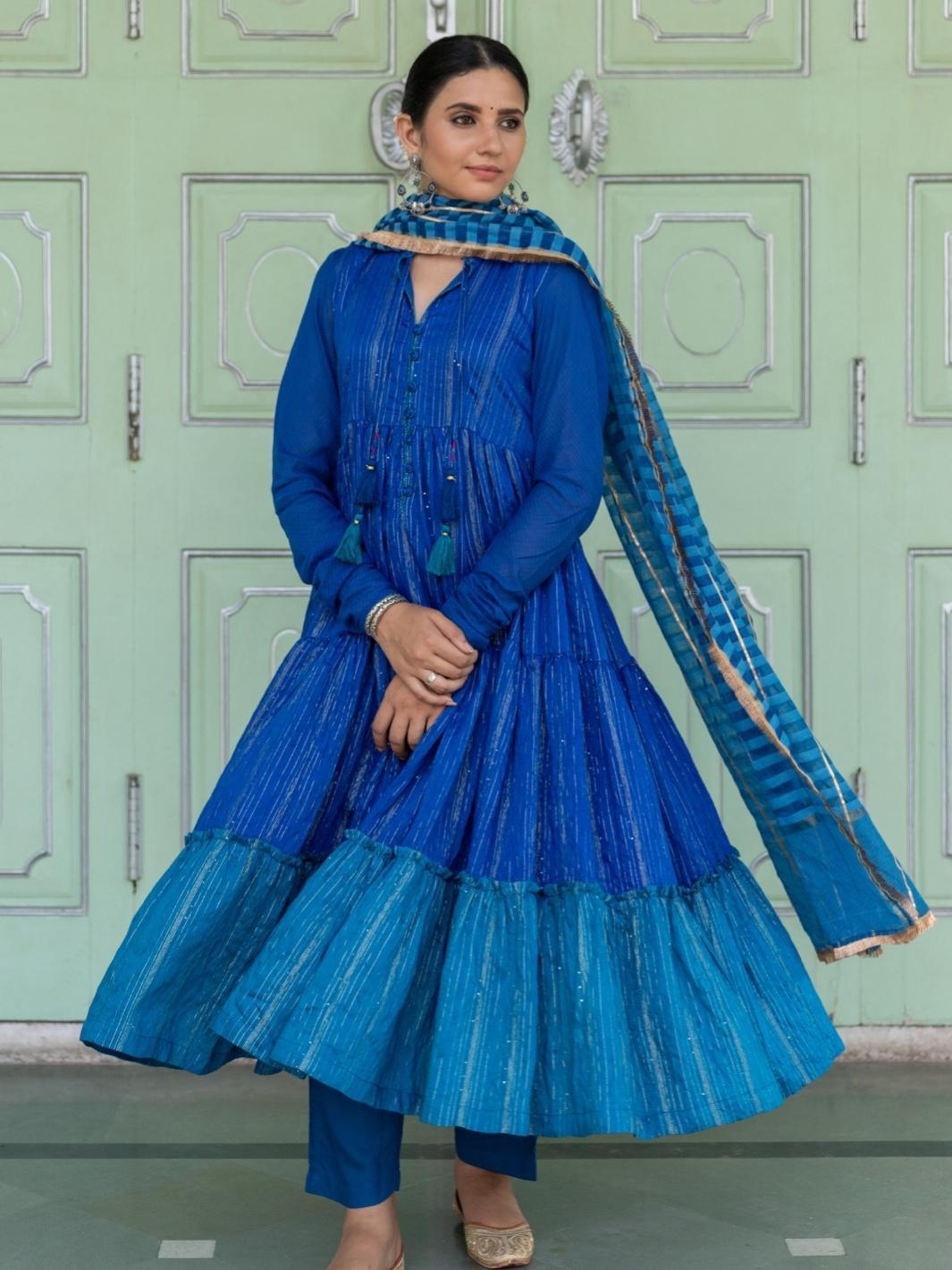 Blue Chanderi Blend Ethnic Anarkali Set with Cotton Organza Dupatta - Myaara