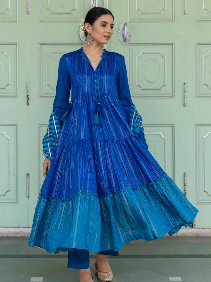 Blue Chanderi Blend Ethnic Anarkali Set with Cotton Organza Dupatta - Myaara