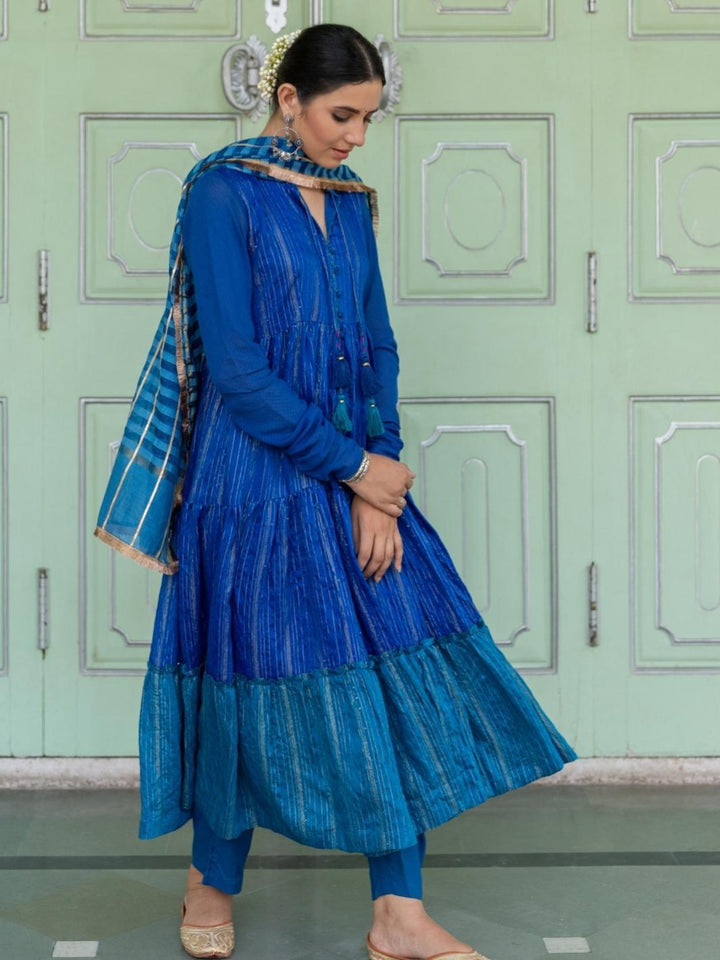 Blue Chanderi Blend Ethnic Anarkali Set with Cotton Organza Dupatta - Myaara