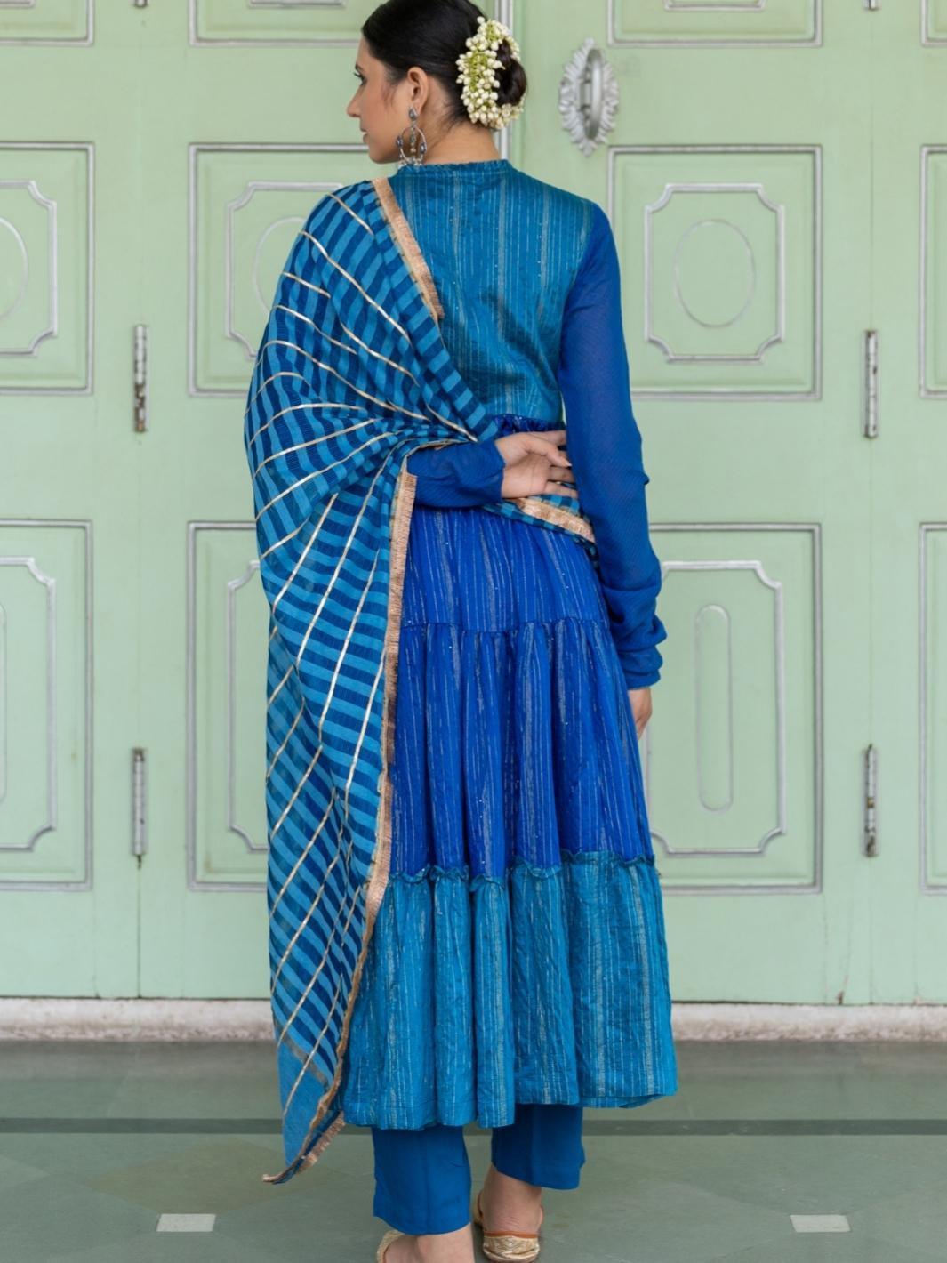 Blue Chanderi Blend Ethnic Anarkali Set with Cotton Organza Dupatta - Myaara