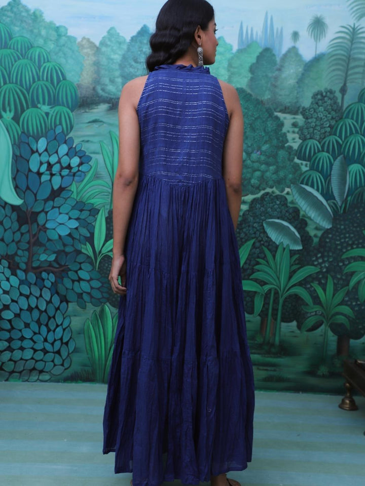 Blue Cotton Lurex Ethnic Dress with Tassels - Myaara