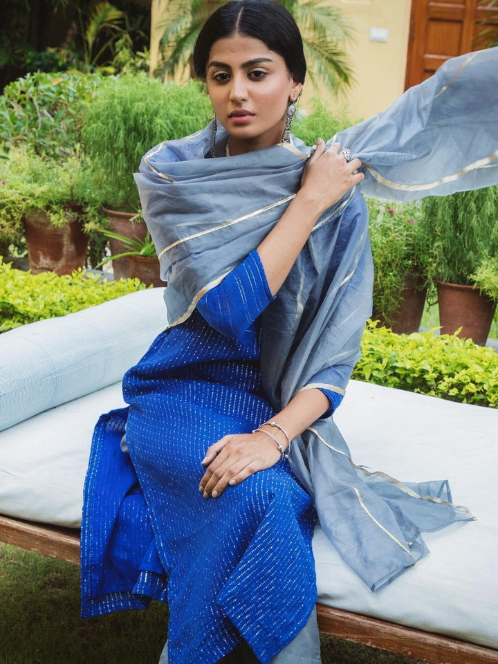 Blue Cotton Lurex Ethnic Kurta Set with Organza Dupatta - Myaara