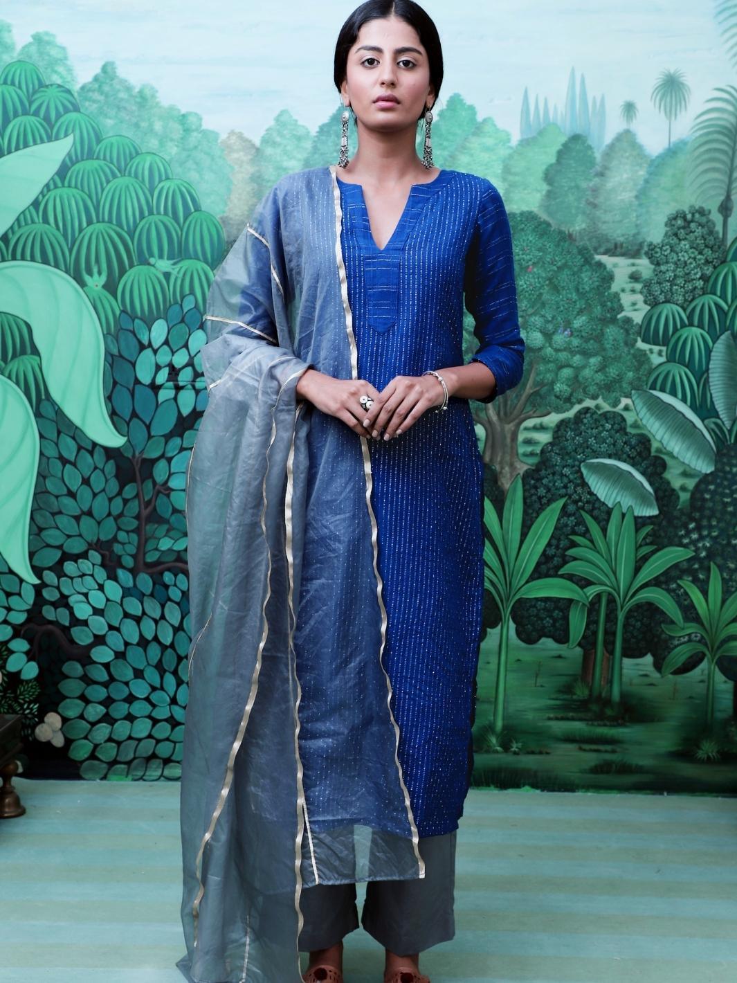 Blue Cotton Lurex Ethnic Kurta Set with Organza Dupatta - Myaara