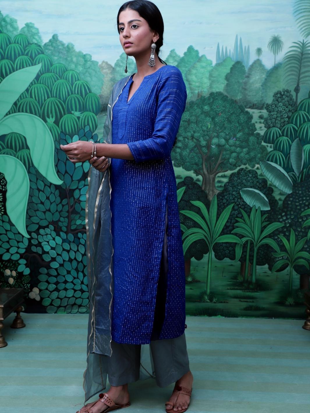 Blue Cotton Lurex Ethnic Kurta Set with Organza Dupatta - Myaara