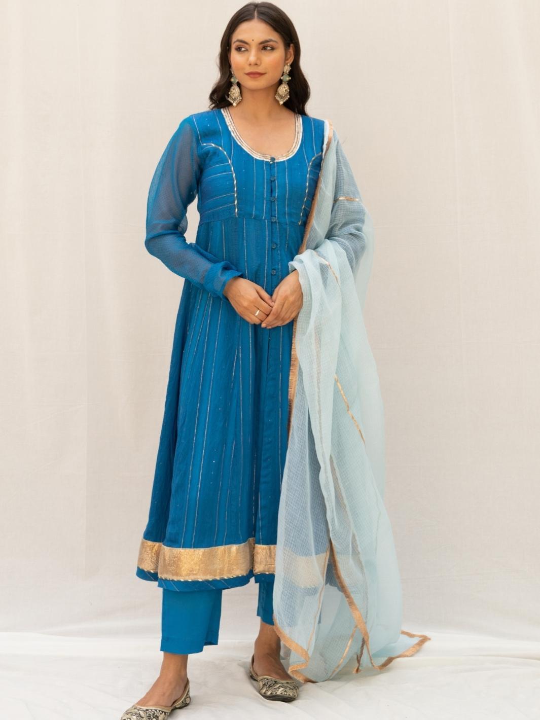 Deep Blue Chanderi Ethnic Anarkali Set with Kota Dupatta - Myaara