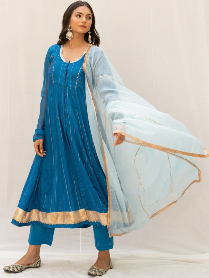 Deep Blue Chanderi Ethnic Anarkali Set with Kota Dupatta - Myaara