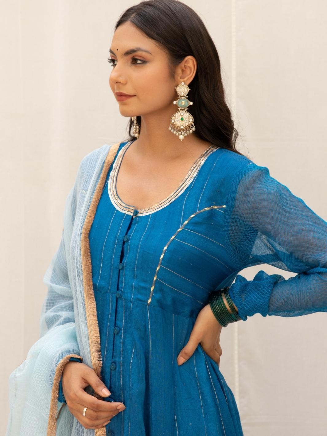 Deep Blue Chanderi Ethnic Anarkali Set with Kota Dupatta - Myaara