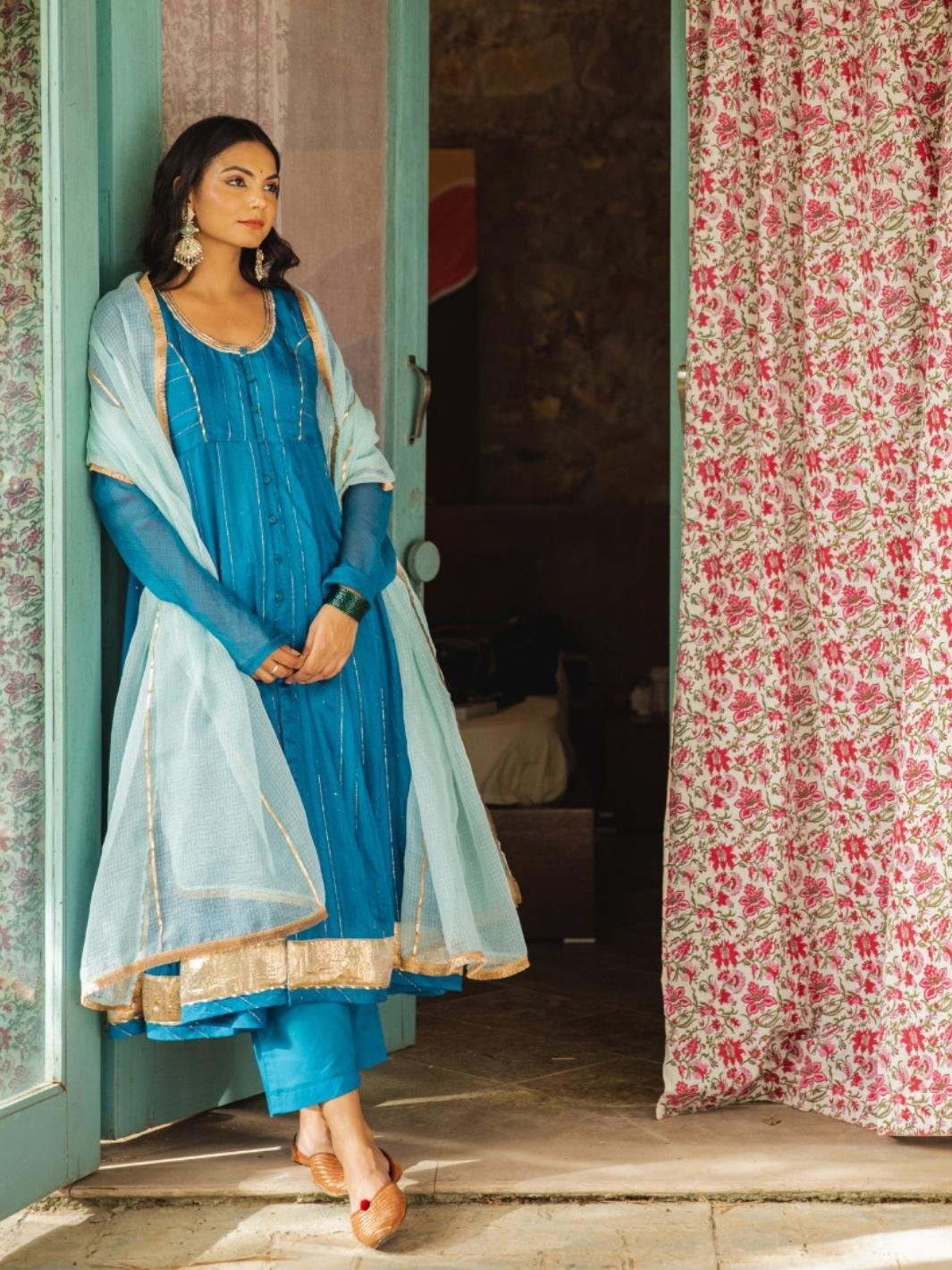 Deep Blue Chanderi Ethnic Anarkali Set with Kota Dupatta - Myaara