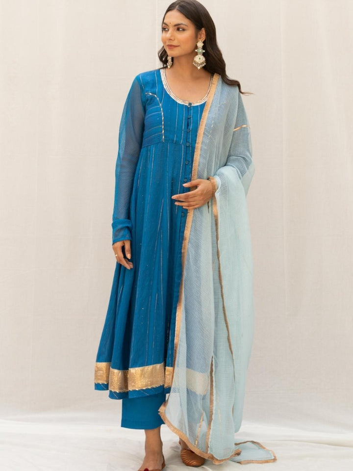 Deep Blue Chanderi Ethnic Anarkali Set with Kota Dupatta - Myaara