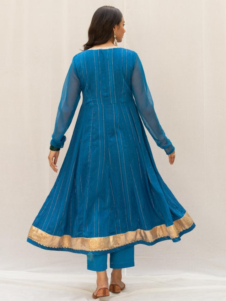 Deep Blue Chanderi Ethnic Anarkali Set with Kota Dupatta - Myaara