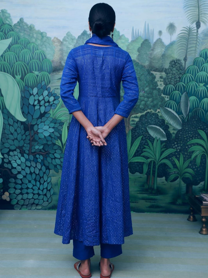 Deep Blue Cotton Lurex Angrakha Set with Organza Dupatta - Myaara