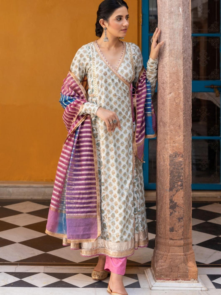 Dusty Blue Printed Angrakha Set with Ombre Dupatta & Gota-work - Myaara