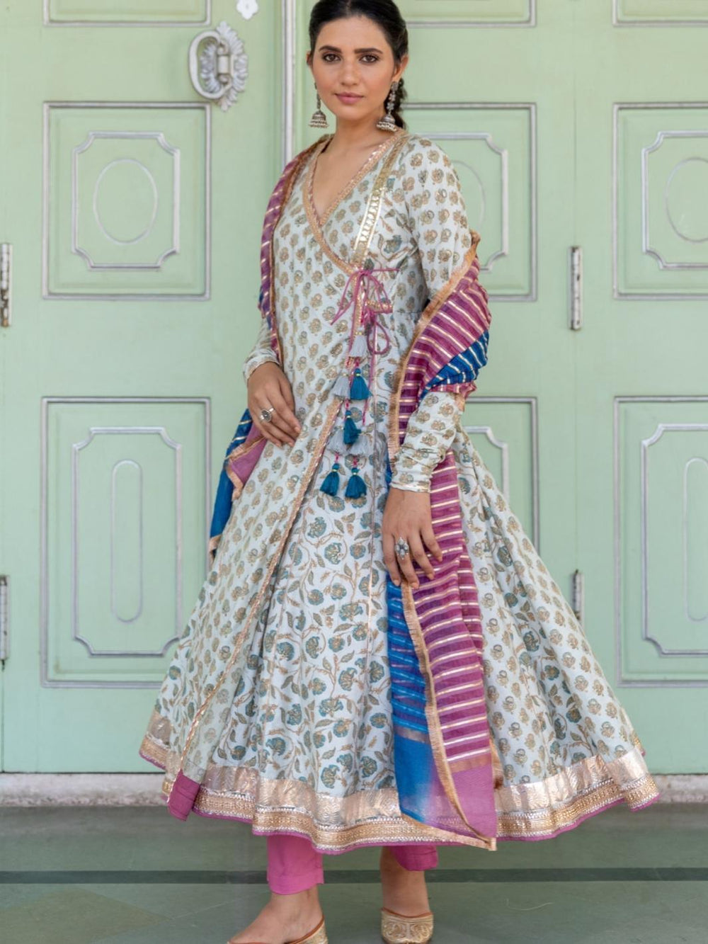 Dusty Blue Printed Angrakha Set with Ombre Dupatta & Gota-work - Myaara