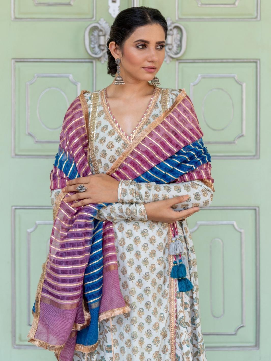 Dusty Blue Printed Angrakha Set with Ombre Dupatta & Gota-work - Myaara