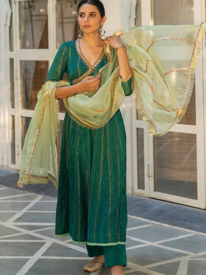 Emerald Chanderi Ethnic Angrakha Set with Organza Dupatta - Myaara