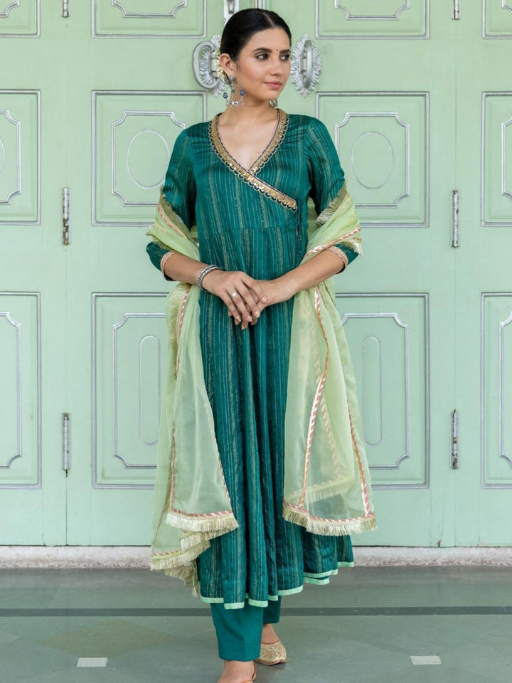 Emerald Chanderi Ethnic Angrakha Set with Organza Dupatta - Myaara