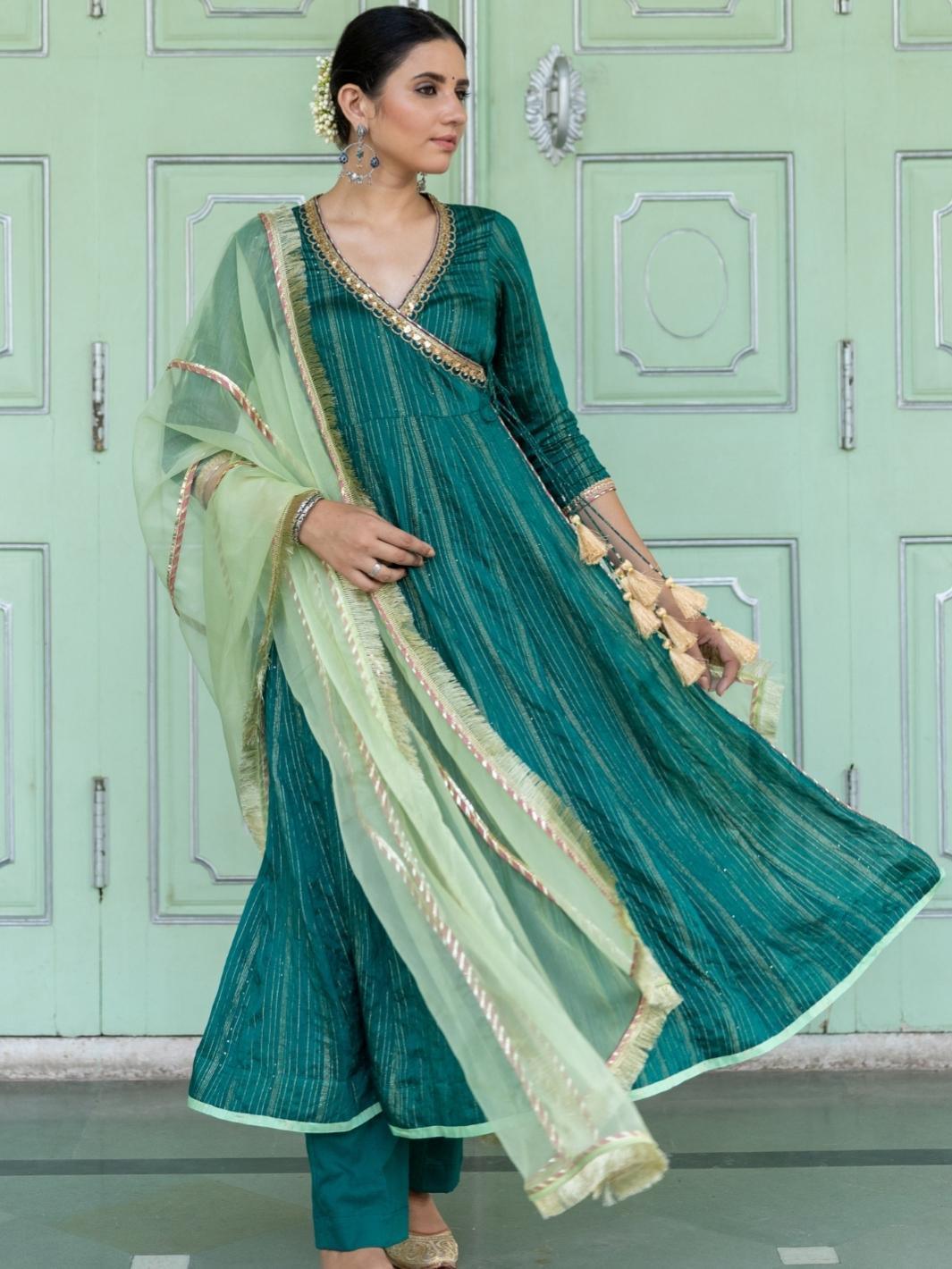 Emerald Chanderi Ethnic Angrakha Set with Organza Dupatta - Myaara