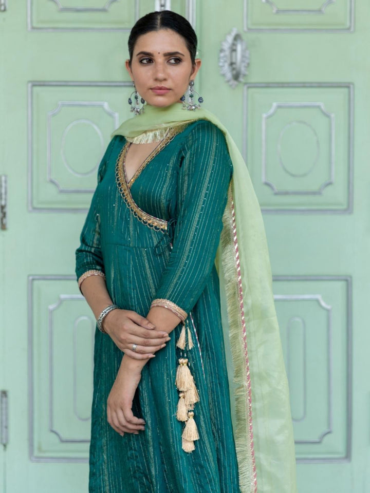 Emerald Chanderi Ethnic Angrakha Set with Organza Dupatta - Myaara