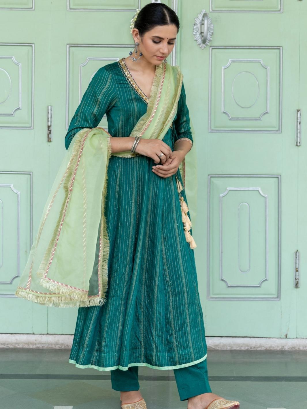 Emerald Chanderi Ethnic Angrakha Set with Organza Dupatta - Myaara