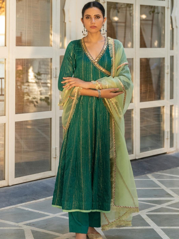 Emerald Chanderi Ethnic Angrakha Set with Organza Dupatta - Myaara