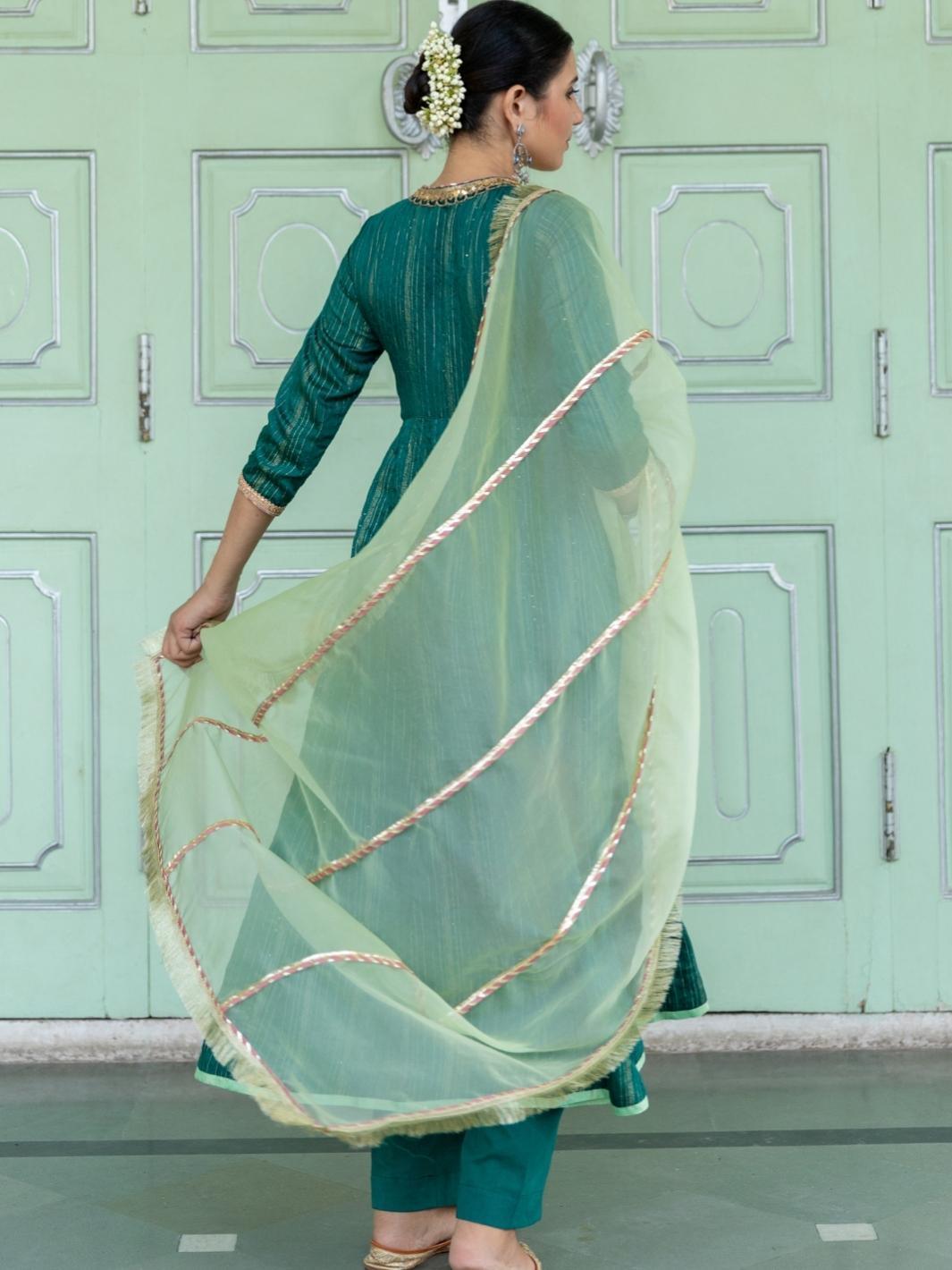 Emerald Chanderi Ethnic Angrakha Set with Organza Dupatta - Myaara