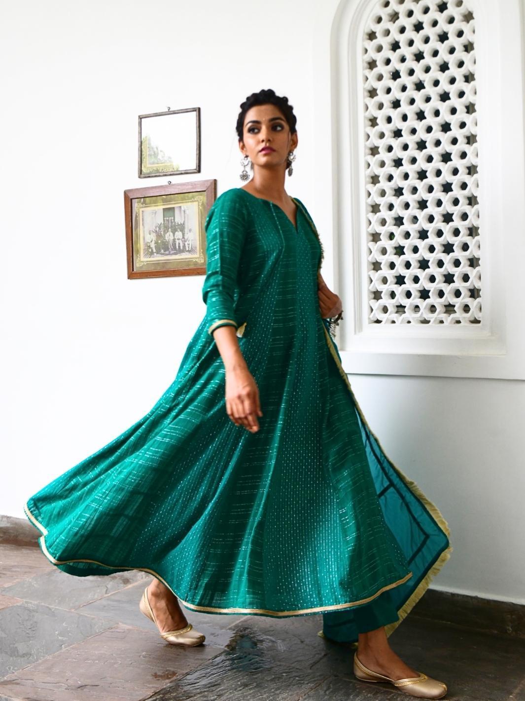 Emerald Cotton Lurex Anarkali Set with Organza Dupatta & Gota-work - Myaara