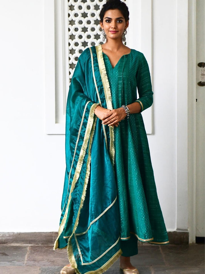 Emerald Cotton Lurex Anarkali Set with Organza Dupatta & Gota-work - Myaara