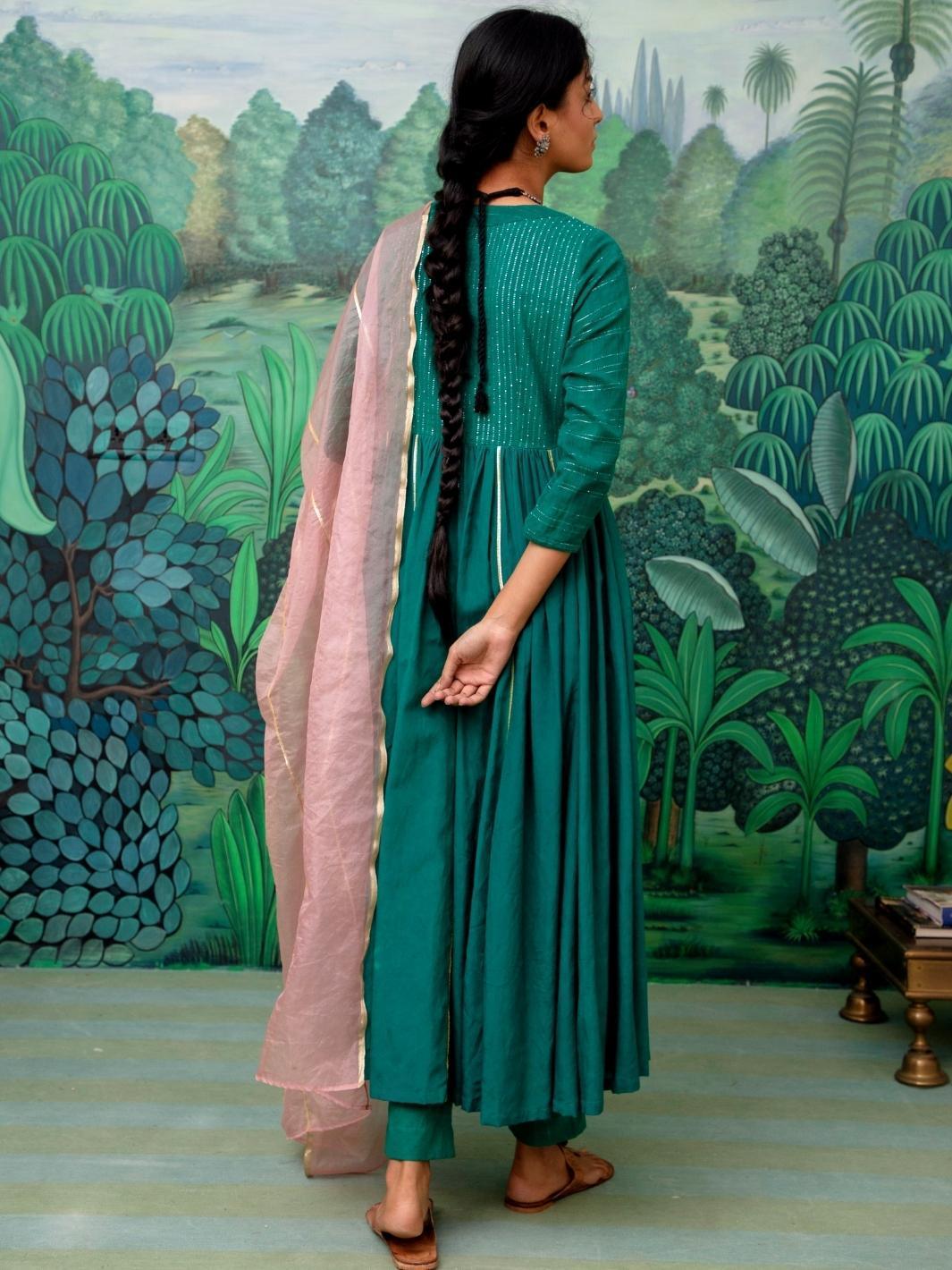 Emerald Green Ethnic Anarkali Set with Soft Pink Dupatta - Myaara