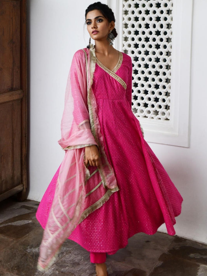 Fuchsia Ethnic Anarkali Set with Organza Dupatta & Gota patti Work - Myaara