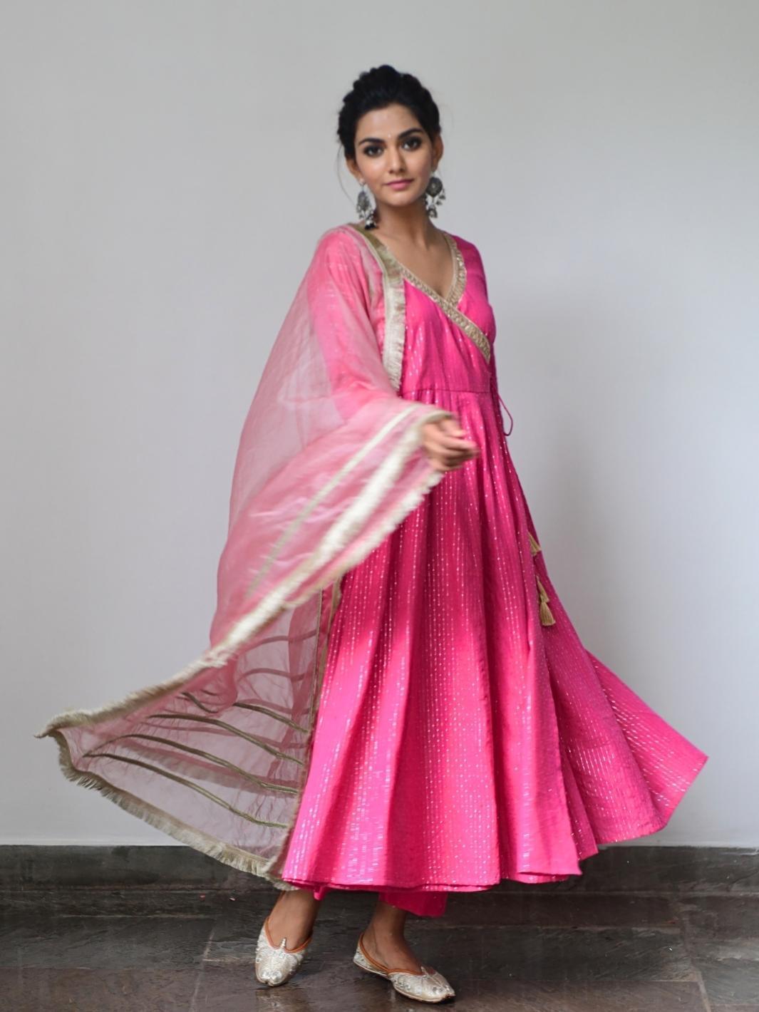 Fuchsia Ethnic Anarkali Set with Organza Dupatta & Gota patti Work - Myaara